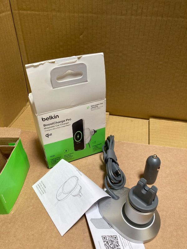 Photo 1 of Belkin Wireless Car?Charger 15W - MagSafe-Compatible Magnetic Charger - Qi2-Certified Wireless Charger, Magnetic Car Vent Phone Mount for iPhone 16, 15, 14, 13, 12, & Samsung Galaxy S25 Series - Gray