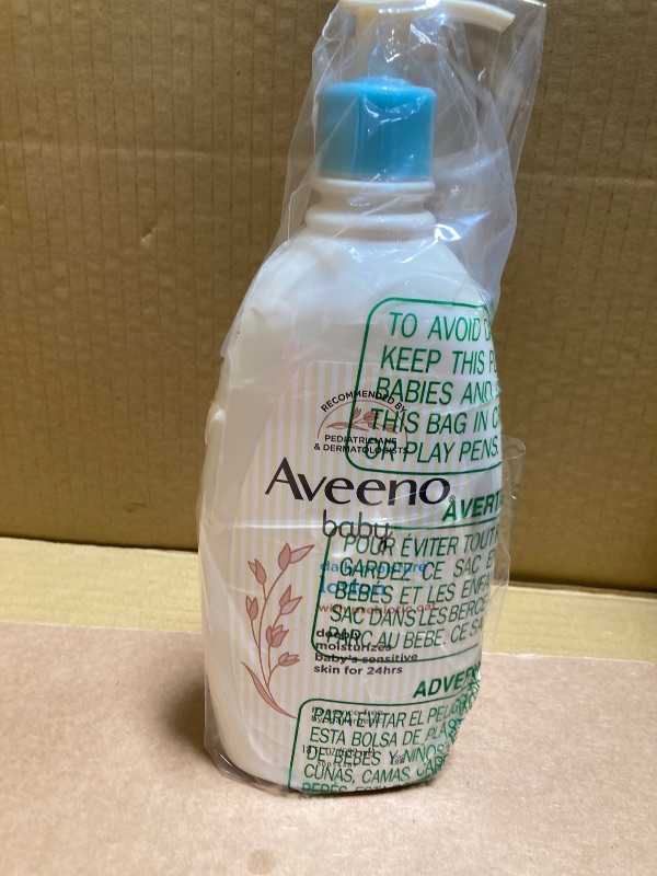 Photo 1 of Aveeno Baby Daily Moisture Body Lotion for Sensitive Skin, Hypoallergenic Moisturizing Baby Lotion with Nourishing Oatmeal to Deeply Moisturize Baby's Skin, Fragrance-Free, 18 fl. oz