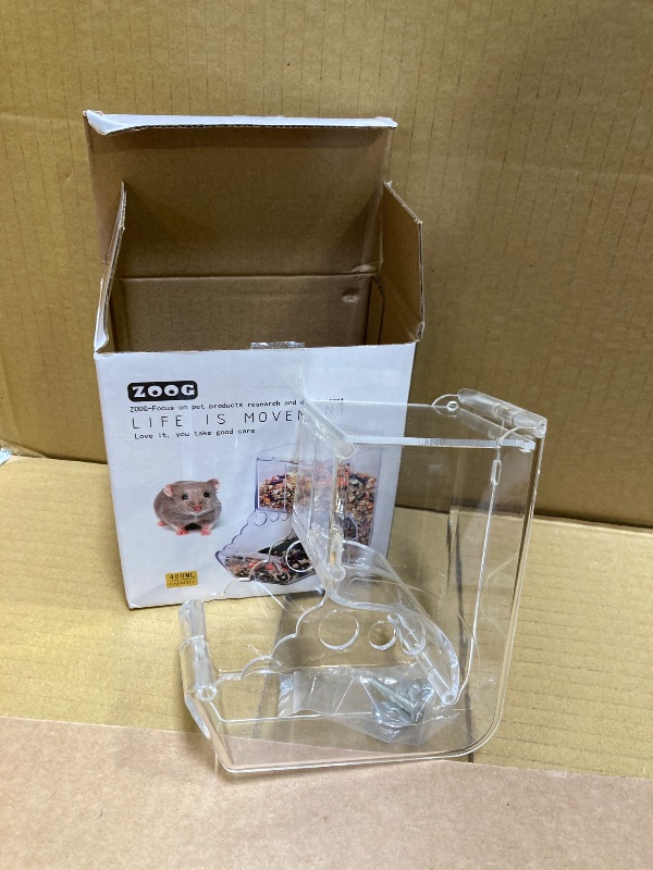 Photo 1 of Hamsters Feeder Small Animals Automatic Dispenser Acrylic Clear Pet Food Storage Bowl for Dwarf Hamster Gerbils Mice Hedgehog Guinea Pig Pigeon Parrots (400ML)