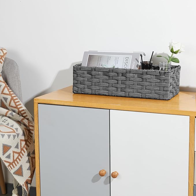 Photo 1 of Bidtakay Narrow Wicker Bins for Organizing  Dark Grey Decorative Baskets for Washroom Organizer Waterproof Imitation Small Wicker Storage Baskets for Shlef Closet Bedroom Entryway Office Desk