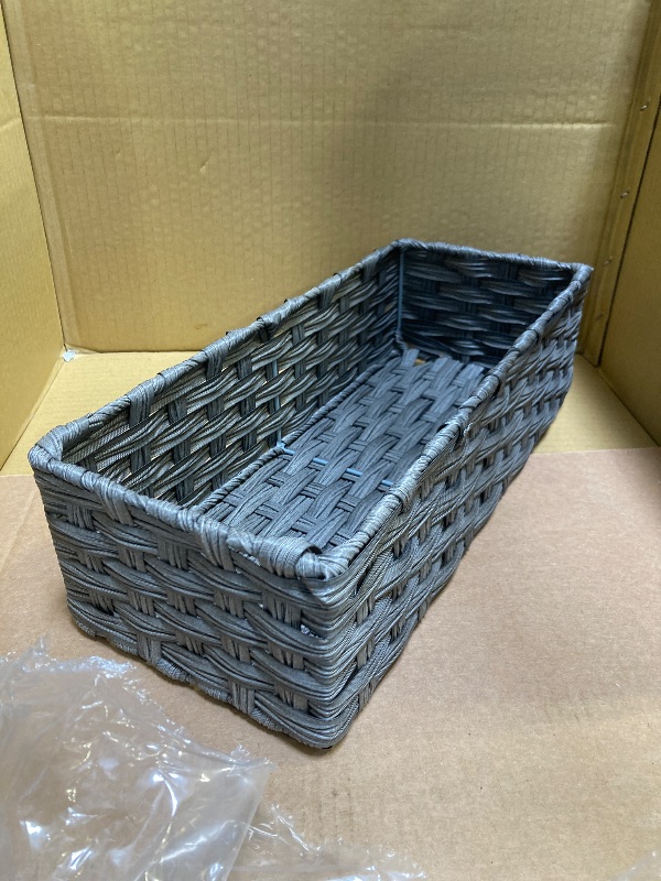 Photo 1 of Bidtakay Narrow Wicker Bins for Organizing  Dark Grey Decorative Baskets for Washroom Organizer Waterproof Imitation Small Wicker Storage Baskets for Shlef Closet Bedroom Entryway Office Desk