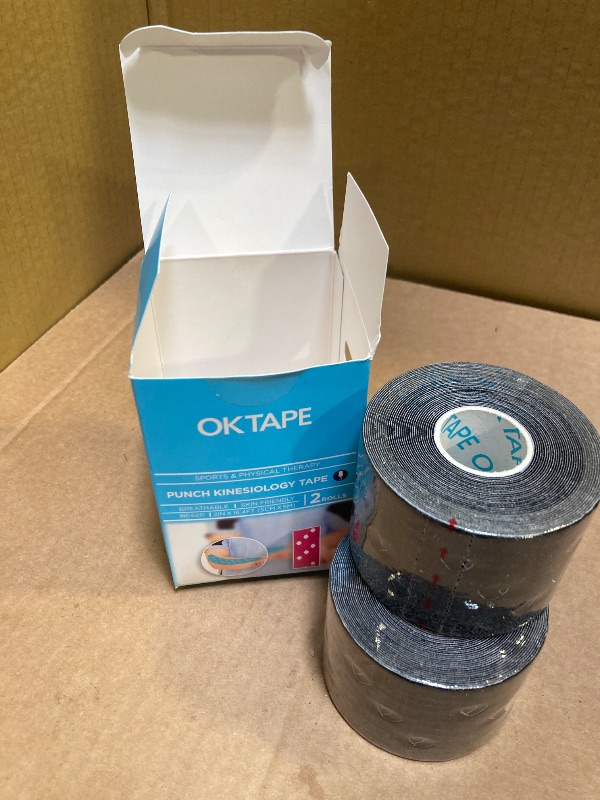 Photo 1 of OK TAPE Perforated Kinesiology Tape for Sensitive Skin, More Breathable, Elastic Athletic Tape for Pain Relief & Muscle Support, Uncut 2 Rolls - 2in x 16.4ft (Black)