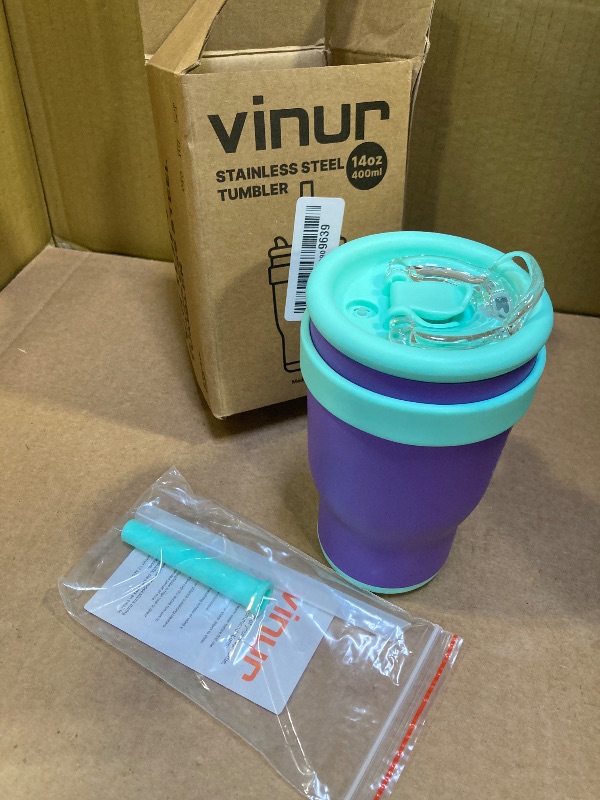 Photo 1 of VINUR Kids Tumbler with with Lid and Straw -14 oz Stainless Steel Vacuum Insulated Tumbler Travel Mug with Handle & Silicone Base-Gifts for Girls, Purple