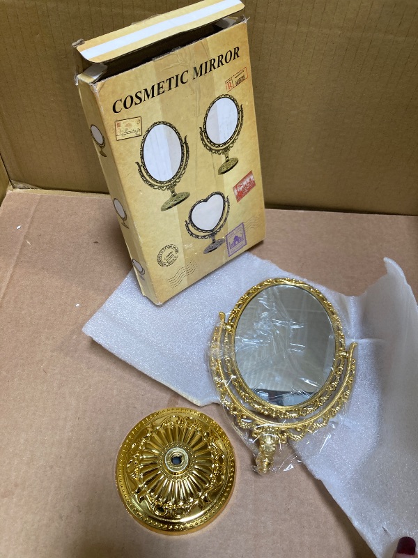 Photo 1 of MAGICLULU Vintage Desktop Makeup Mirror Double Side Antique Desk Vanity Makeup Mirror with Embossed Pedestal Rotatable Small Oval Mirror 7.86 x 4.91 x 3.54Inch Gold