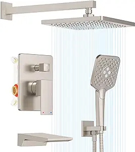 Photo 1 of Gabrylly Shower System with Tub Spout, Wall Mounted Tub Shower Faucet Set for Bathroom with High Pressure 10" Rain Shower head and 3-Setting Handheld Shower Head Set,Brushed Nickel
