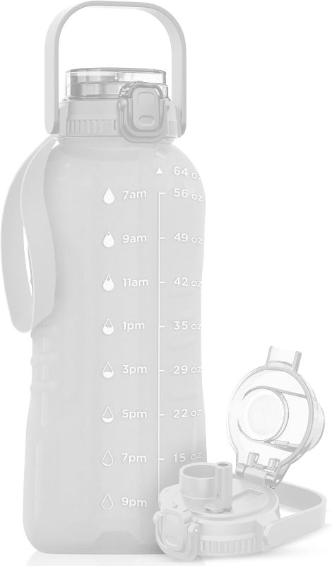 Photo 1 of AQUAFIT 64 oz Water Bottle with Time Marker - 2in1 Straw & Chug Lid - BPA Free Big Water Bottle with Straw - Gym Water Bottle with Strap - Water Jug (64 Ounces)