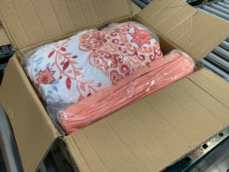 Photo 1 of Amazon Basics Full/Queen Comforter Set with Sheets, 7-Piece Coral Medallion Bedding, Lightweight Microfiber Bed-in-a-Bag