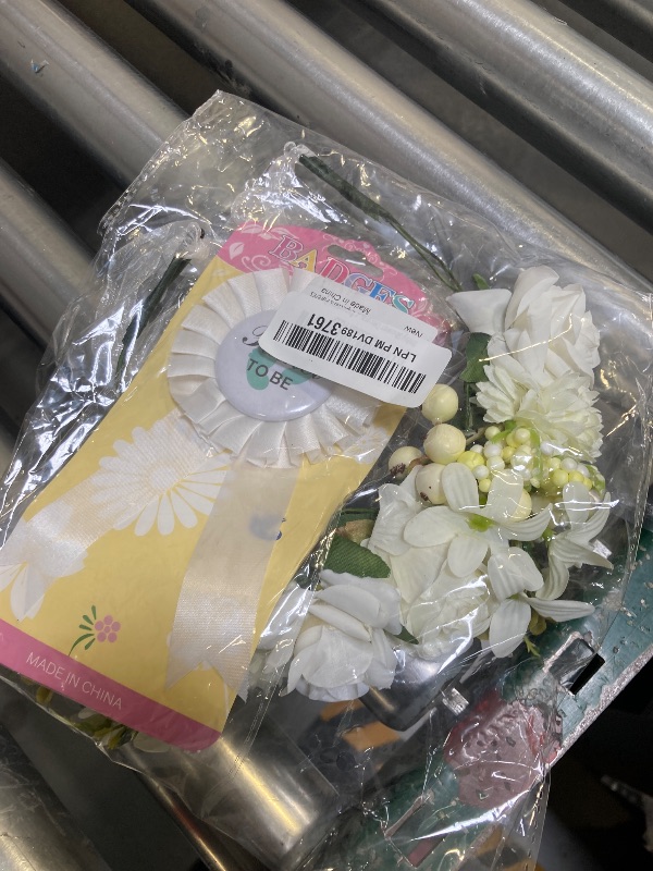 Photo 1 of Baby Shower Decorations for Mom to Be - Set of 3 Adjustable Flower Crown Tiara, Sash for Mommy and Pin for Daddy, White Gender Reveal Party Gift Favors for Expectant Parents
