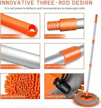 Photo 1 of  2 in 1 Chenille Microfiber Car Wash Brush Kits Mop Mitt with 45" Long Handle (Aluminum Alloy), Car Cleaning Kit Supplies Brush Duster, Scratch Free Cleaning Tool for Washing Truck, Car, RV (Orange) 