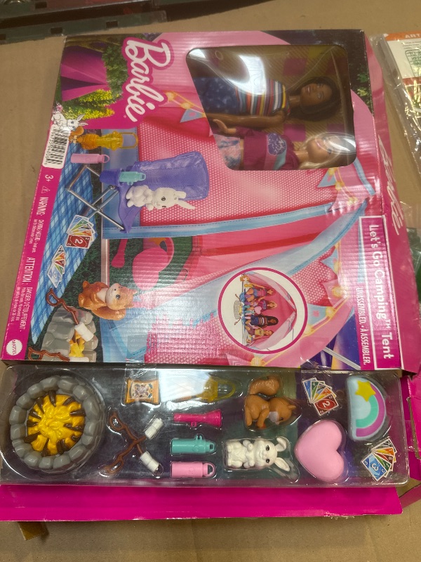 Photo 1 of Barbie Dolls & 20 Accessories, It Takes Two Camping Tent Playset with Brooklyn & Malibu, Plus 2 Moving Animals