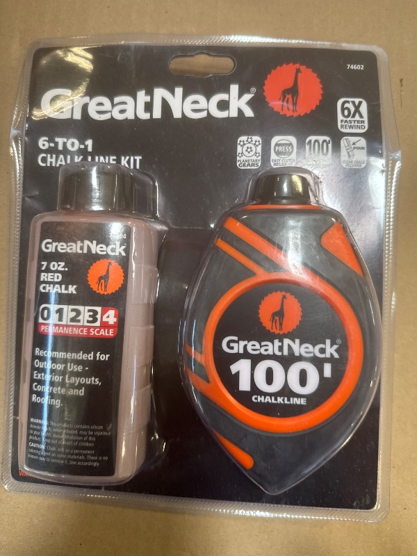 Photo 1 of Great Neck 74602 6 To 1 Chalk Reel with Red Chalk, Retractable Chalk Line and Chalk Refill Bottle, Plumb Line Chalk Kit, Straight Line Tool