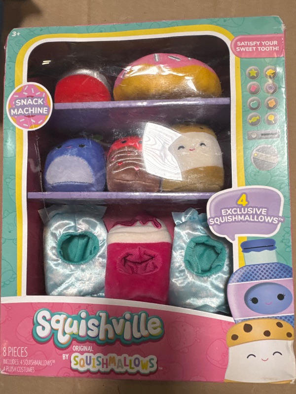Photo 1 of Squishville by Original Squishmallows Snack Machine Accessory Pack - Four 2-inch Squishmallows Plush Including Bluby, Kaoko, Scarlett, and Paulton and Four Plush Costumes - Toys for Kids