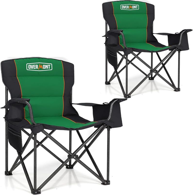 Photo 1 of 2 PACK Overmont Oversized Folding Camping Chair - 450lbs Support with Padded Cushion Cooler Pockets - Heavy Duty Collapsible Chairs for Sports Garden Beach Fishing GREEN