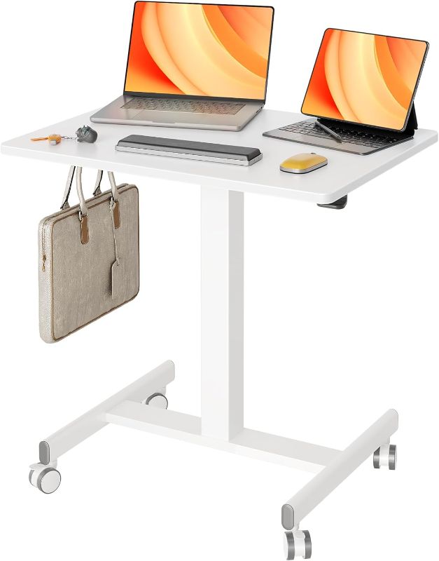 Photo 1 of Claiks Mobile Standing Desk, Small Rolling Standing Desk, Mobile Desk Workstation with Wheels, Pneumatic Mobile Laptop Desk for Home Office with Hook, White
