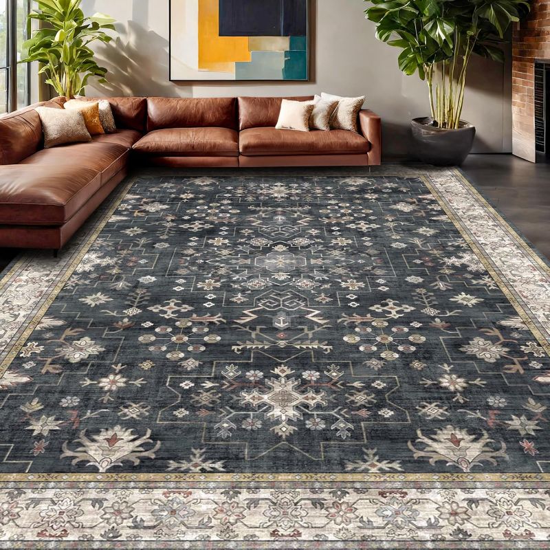 Photo 1 of Boho Black Rug for Living Room - Washable 10x14 Area Rug, Dining Room Rugs for Under Table, Soft Low Pile Carpet for Bedroom - Farmhouse Design, Non-Slip & Stain Resistance (10x14 Black/Multi)
