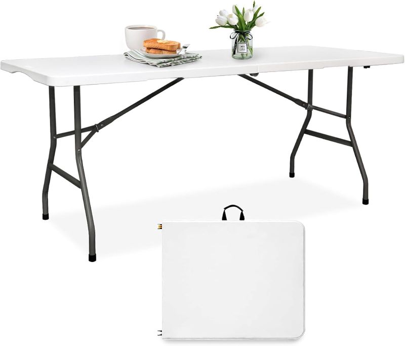 Photo 1 of Folding Table HDPE 6FT Foldable Table Portable Banquet Surface Fold-in-Half Desk Utility for Working Meeting Parties, Picnic, Camping, Weddings, Catering, Garden Dining-White
