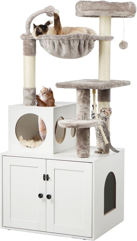 Photo 1 of Cat Tree with Litter Box Enclosure, 2-in-1 Cat Tower for Indoor Cats, Large Wood Cat Condo with Basket, Scratching Posts, Pompoms, White