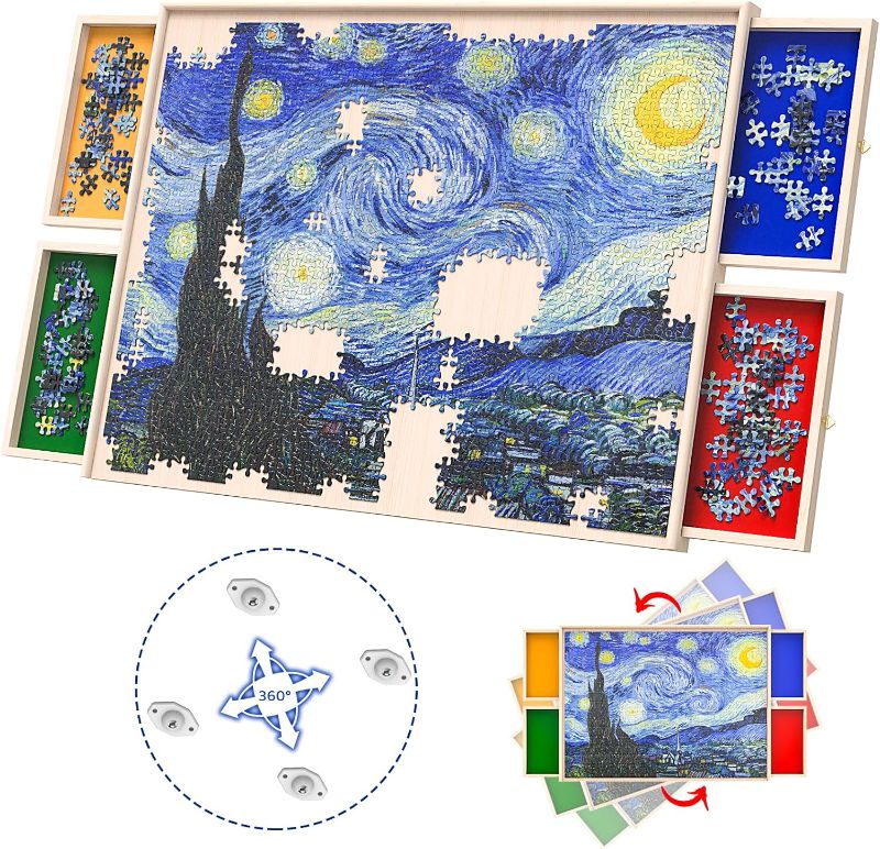 Photo 1 of Rotatable 360-Degree Wheels Puzzle Board with Drawers and Cover 1000 Pieces Lightweight Portable Wooden Puzzle Table for Adults Kids Size 30" x 22"
