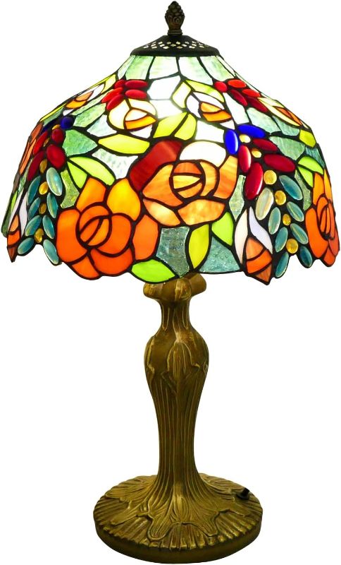 Photo 1 of Tiffany Lamp Stained Glass Lamp 12x12x19 Inches Grape Roses Style Bedside Table Lamp with Color Changing LED Bulb for Bedroom Living Room Home Office Decor
