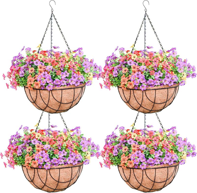 Photo 1 of 4 Pack Hanging Planter for Outdoor Plants 14 inch Metal Hanging Flower Basket with Coco Coir Liner Round Wire Plant Holder Chain Flower Pots Outdoor Garden Decoration Watering Hanging Baskets?HB?