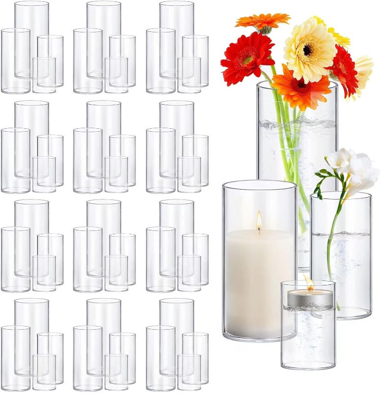Photo 1 of 48 Pack Thick Glass Cylinder Vases 4,6,9,12 Inch Tall Clear Flower Vase Hurricane Floating Candle Holder for Table Centerpiece Wedding Home Decor
