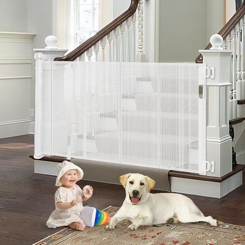 Photo 1 of Reinforced Retractable Baby Gate for Stairs with Support Rods, Extends up to 55" Wide, Adjustable Latches Dog Gate for Stairway Mesh Pet Gate Banister to Wall Toddler Safety Gates (White)
