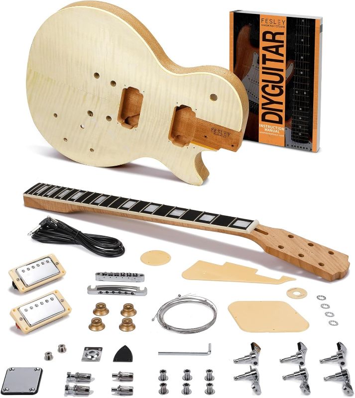 Photo 1 of Fesley DIY LP Style Electric Guitar with Mahogany Wood Body/Neck, 6 String, Techwood Fretboard, H-H Pickups, Flamed Maple Veneer Top, Build Your Own Guitar Kit - Natural
