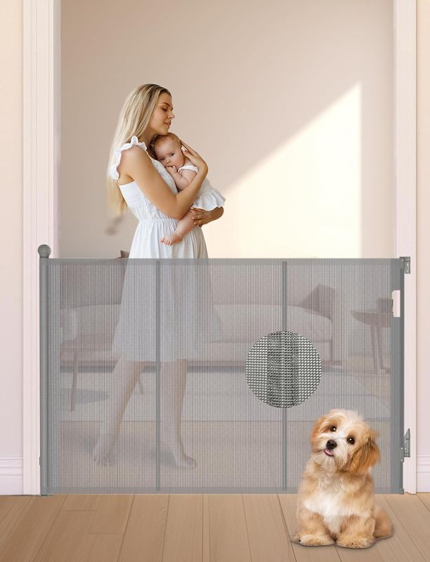 Photo 1 of Reinforced Retractable Baby Gate, Extra 38" Tall, Extends up to 63" Wide, Hardwared Installation Mesh Gate for Stairs, Dog Gate, Child Pet Gate for Stairs, Doorways, Hallways, Indoo (Gray)
