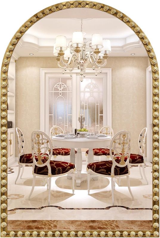 Photo 1 of Arched Mirror for Wall, 24"x36" Gold Arch Bathroom Vanity Mirror, Metal Floral Frame Decorative Arch Wall Mirror, Antique Gold Arched Mirror for Washroom, Bedroom, Entryway, Living Room
