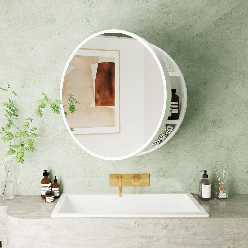 Photo 1 of Round Medicine Cabinet Mirror with Shelf, Bathroom Wall Cabinet Medicine Cabinet with Vanity Mirror, Surface Mount Above Toilet Storage Cabinet, White
