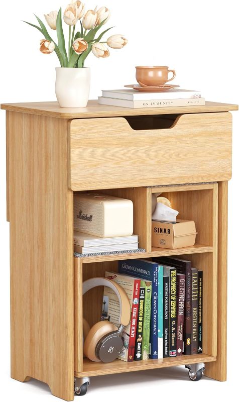 Photo 1 of End Table Small Night Stand for Small Spaces Narrow Side Tables Bedside Table with Drawer Rolling Open Storage Shelf Accent Vintage Farmhouse Nightstand with Wheels for Living Room Bedroom Balcony
