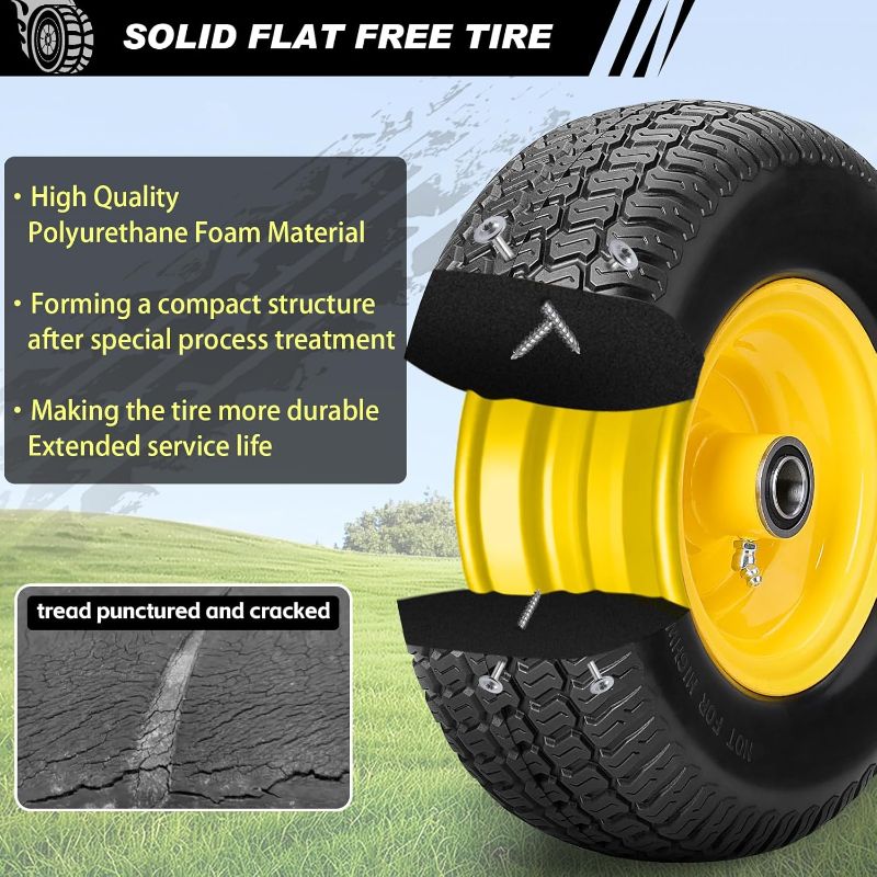 Photo 1 of 11x4.00-5 Lawn Mower Tires Flat Free,2 Pack 11x4.00-5" Tire and Wheel,Zero Turn Front Tires,11x4-5 Solid Tire with 3/4" & 5/8" & 1/2" Precision Bearings,3.4"-5.9"Centered Hub for Zero Turn Lawn Mower
