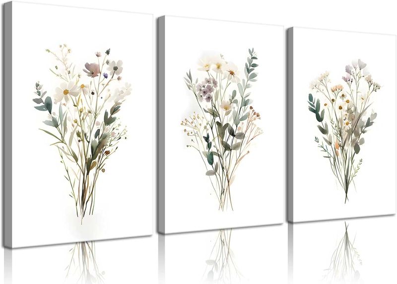 Photo 1 of 3Pcs Watercolor Wildflower Canvas Wall Art Minimalist Botanical Floral Wall Decor Pictures Boho Flower Posters Prints for Living Room Bedroom Home Decoration, 16x24in
