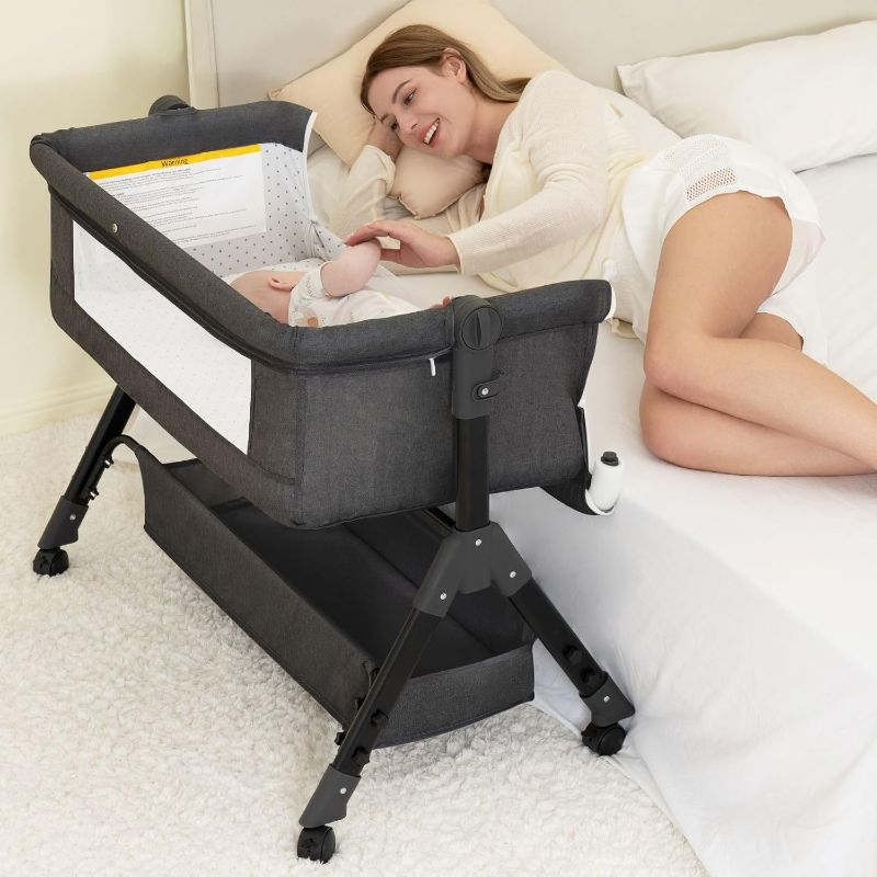 Photo 1 of Baby Bassinet, Bedside Bassinet for Baby, 3 in 1 Bassinet Bedside Sleeper with Wheels, Mosquito Net, Adjustable Easy Folding Portable Bed for Infant Newborn (Dark Grey)
