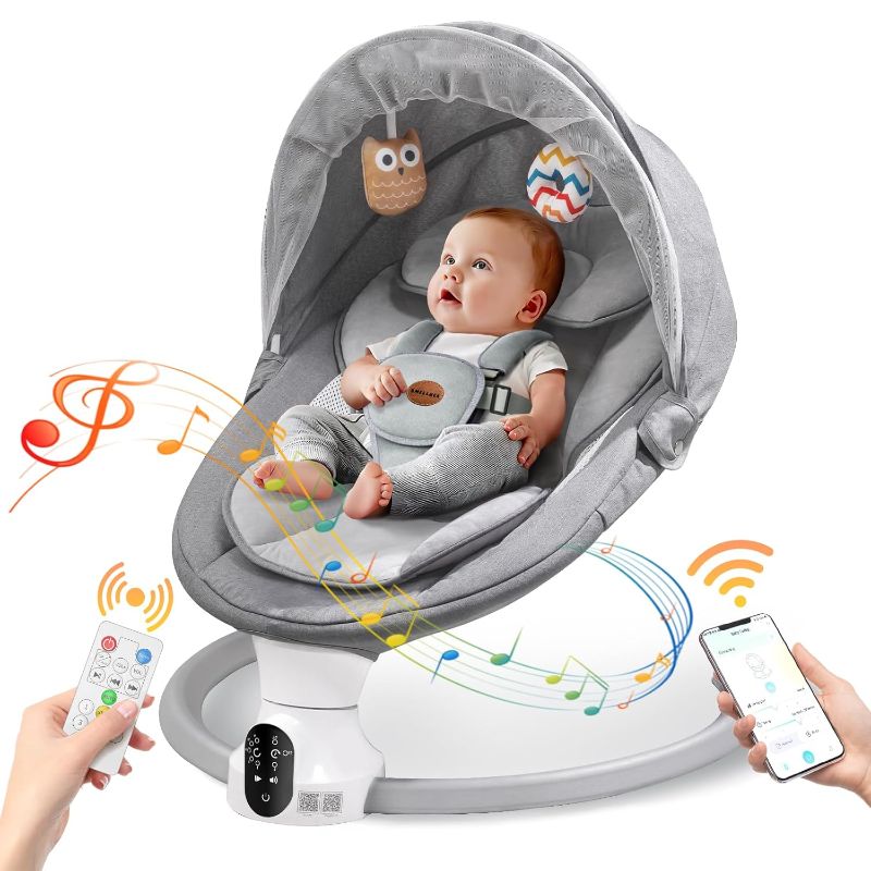 Photo 1 of Baby Swing for Infants - Electric Baby Rocker with Exclusive App Function, Upgraded 5 Point Harness, Bluetooth Support, 10 Preset Lullabies and 5 Speeds, Portable Swing for Baby Boy Girl(Light Gray)
