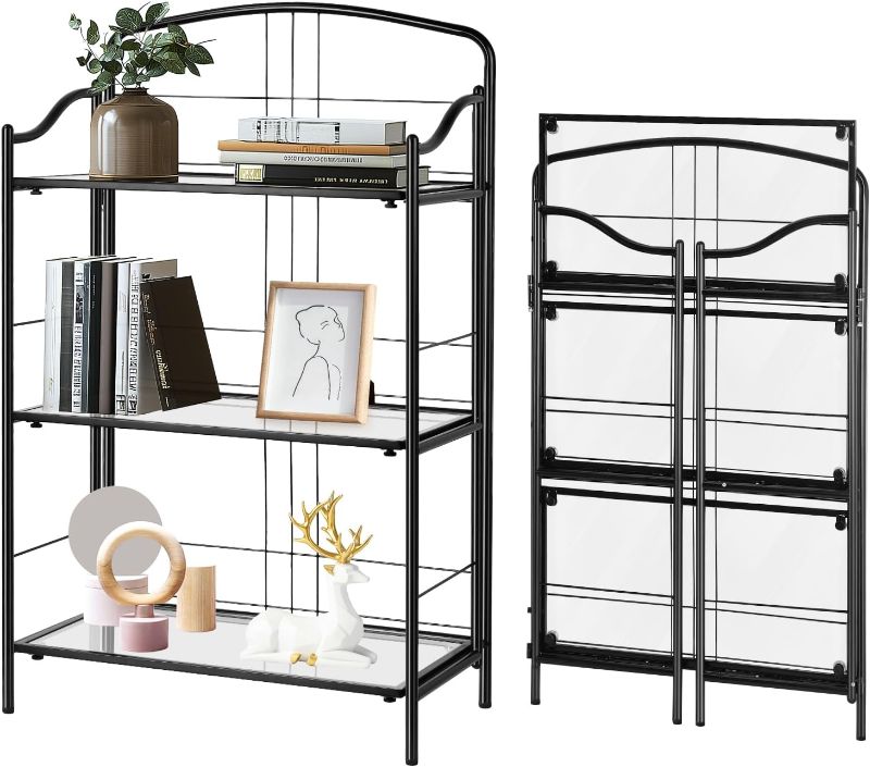 Photo 1 of No Assembly Bookshelves, 3 Tier Classic Black Folding Book Shelf, Foldable Bookcase with Glass Shelf, Small Collapsible Display Case Storage Organizer for Bedroom, Living Room
