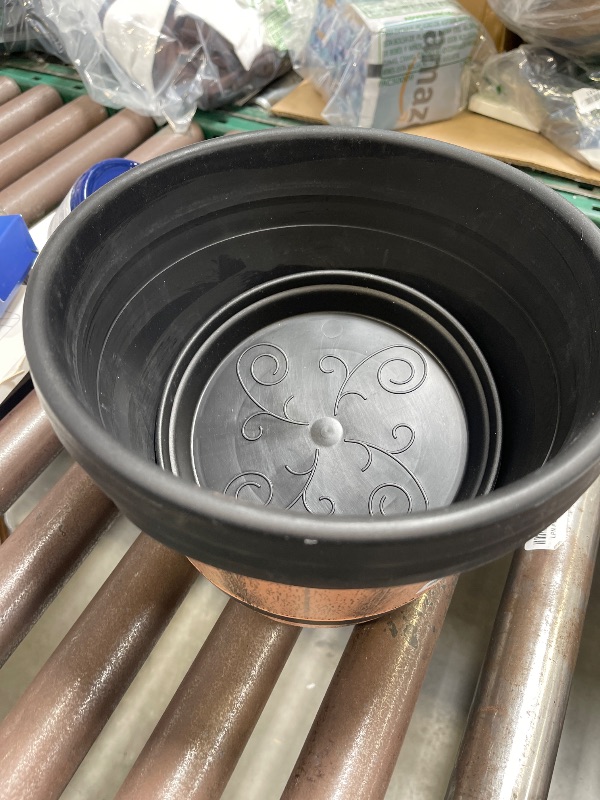 Photo 1 of Quarut 3 Pack 10 inch Plant Pots,Whiskey Barrel Planters with Drainage Holes & Saucer, Plastic Decoration Flower Pots Imitation Wine Barrel Design, for Indoor & Outdoor Garden Home Plants (Brown)