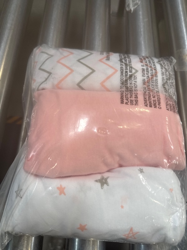 Photo 1 of American Baby Company 3 Pack Fitted Mini Crib Sheet 24" x 38", Soft Breathable Neutral 100% Cotton Jersey Portable Sheet, Pink Star/Zigzag, for Boys and Girls, Fits Most Pack N Play Mattresses