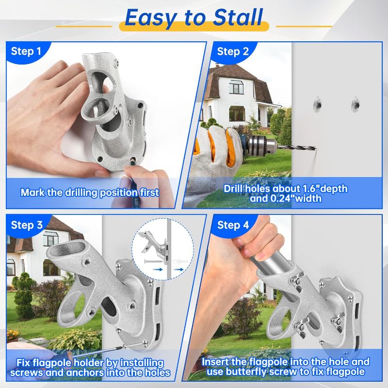 Photo 1 of Flag Pole Holder, Anovo Flag Pole Brackets Mount Outside House Heavy-Duty Aluminum Metal Rust Proof Bracket 1" Inner Diameter 2 Positions with Hardwares for Outdoor Wall Mounting Porch( Silver-1 Pack)