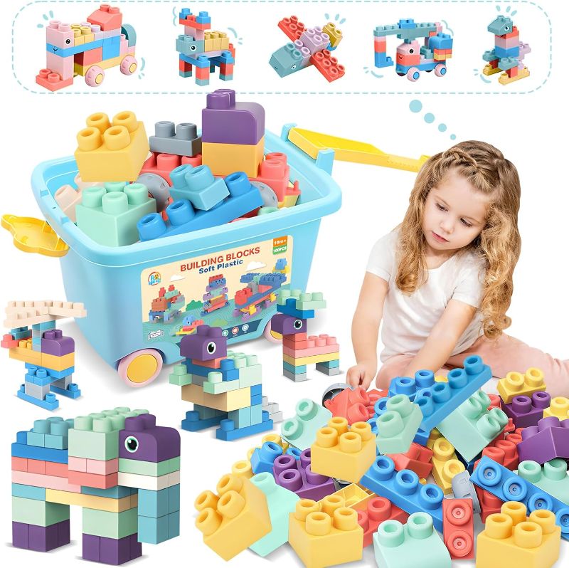 Photo 1 of 100PCS Baby Blocks Set with Storage Bucket, Building Block Toys STEM Educational Toddler Gifts, Rubber Soft Blocks for Preschool, Sensory Stacking Toys to Improve Creativity