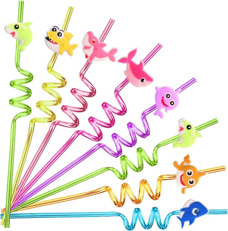 Photo 1 of 24 Shark Party Favors Reusable Plastic Straws for Boys Girls Kids Baby Swimming Ocean Shark Themed Birthday Party Supplies Decorations with 2 Cleaning Brushes

