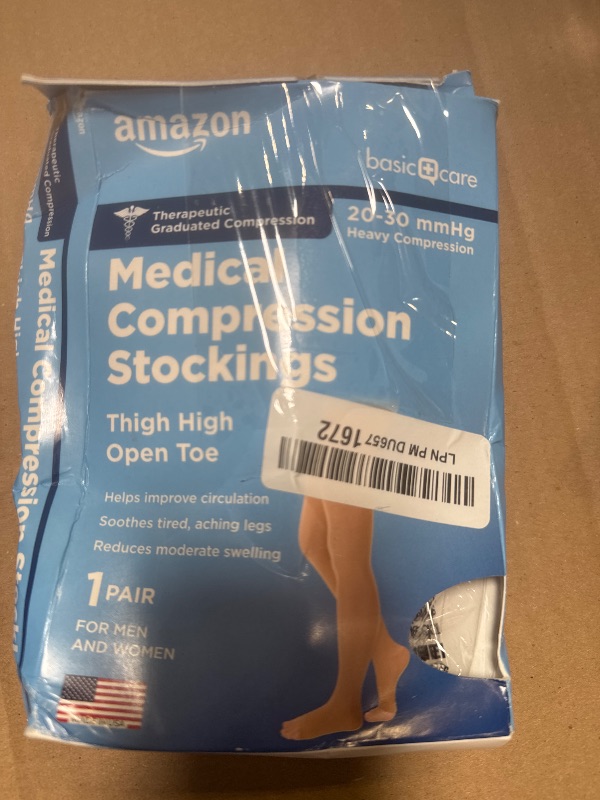 Photo 1 of Amazon Basic Care Medical Compression Stockings, 20-30 mmHg Support, Women & Men Thigh Length Hose, Open Toe, Beige, Large (Previously NuVein)