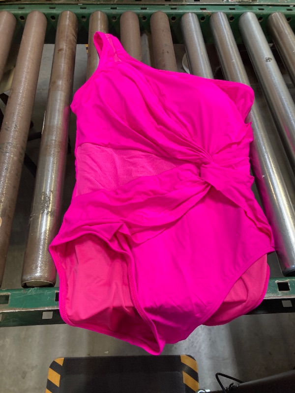 Photo 1 of Aidonger One Shoulder One Piecce Swimsuit for Women Mesh Tummy Control Bathing Suit Twist Swimwear Hot Pink size large 