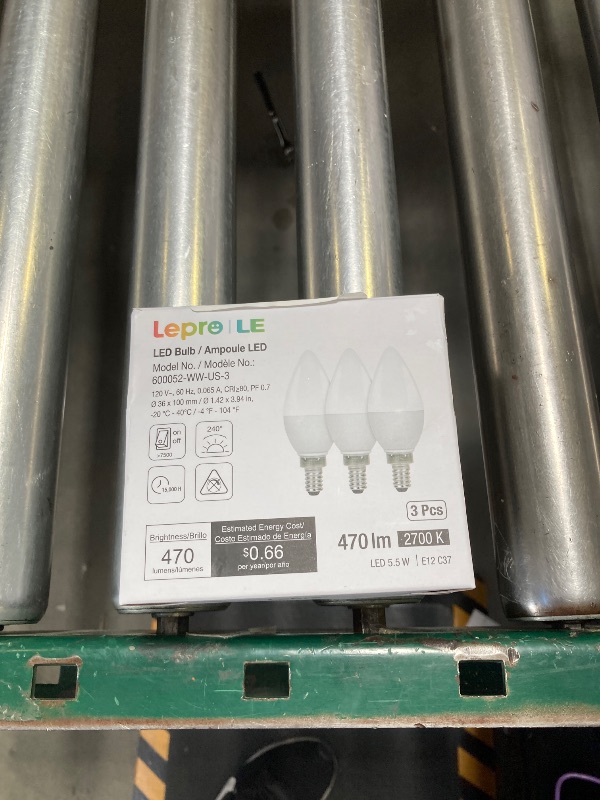 Photo 1 of Lepro E12 LED Candelabra Light Bulbs, 5.5 watt, 40 watt Equivalent C37 B11 Ceiling Fan Bulb Chandelier Bulbs, 2700 Kelvin Warm White Type B Small Base Candle Lights, Frosted Plastic Shell, 3-Pack