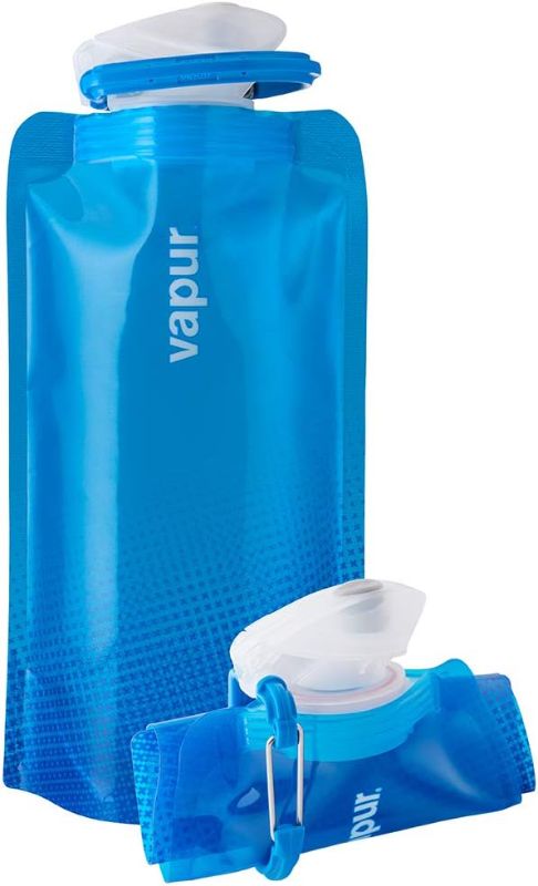 Photo 1 of Vapur Collapsible Water Bottle With Carabiner, Compact Bottle Folds Flat For Hydration On The Go, Ideal for Traveling, Hiking or Camping, 16 Ounce, Cyan Blue, Pack of 1