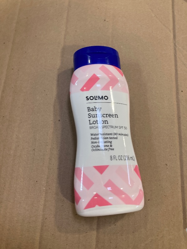 Photo 1 of Amazon Brand - Solimo Baby Sunscreen SPF 50, Unscented, Reef Friendly (Octinoxate & Oxybenzone Free), 8 Fl Oz (Pack of 1) exp- 06/21/2025