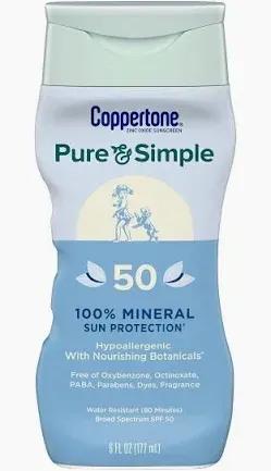 Photo 1 of Coppertone Pure and Simple Sunscreen Lotion, SPF 50 Broad Spectrum Sunscreen with Zinc Oxide, 6 Oz