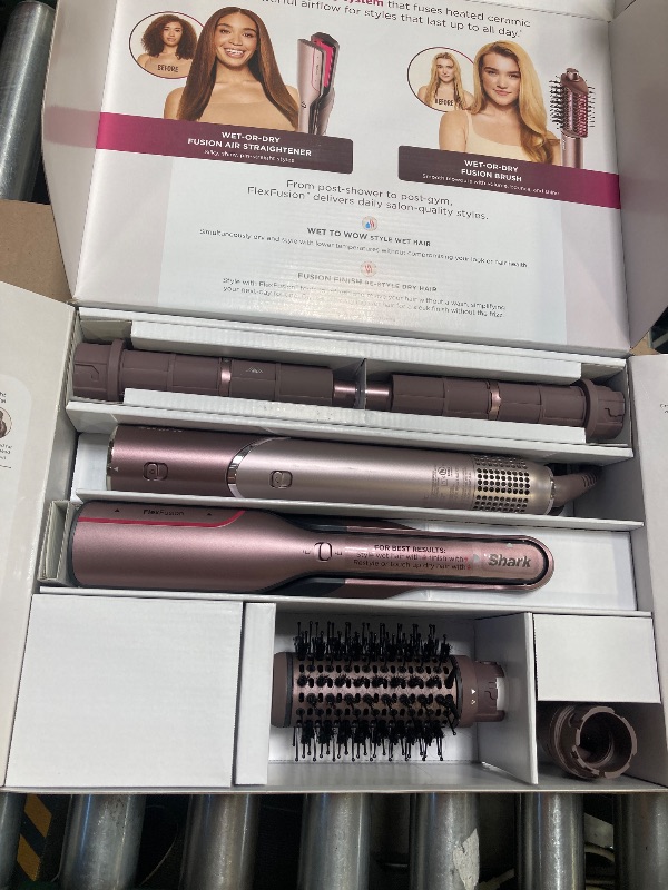 Photo 1 of Shark FlexFusion Hair Straightener & Powerful Hair Dryer with Fusion Hair Brush, Ceramic Air Styler with Auto-Wrap Hair Curlers & Concentrator, Ceramic Plates, Cosmic Blush HD641S