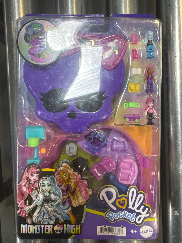 Photo 1 of Polly Pocket Monster High Playset with 3 Micro Dolls & 10 Accessories, Opens to High School, Collectible Travel Toy with Storage