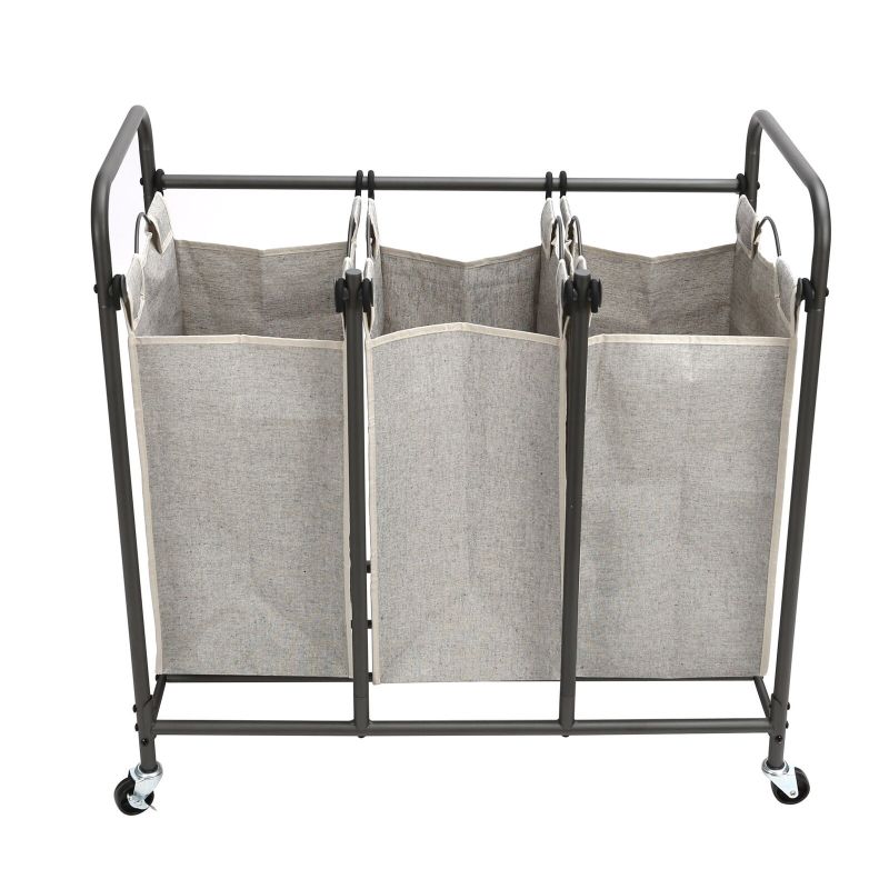 Photo 1 of 3 Bag Laundry Sorter, Metal Rolling Cart with Grey Fabric Bins, Adult
